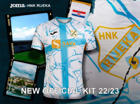 La nueva camiseta de Rijeka 22/23 con los colores tradicionales del club y un diseño estampado con el tiburón blanco como protagonista.