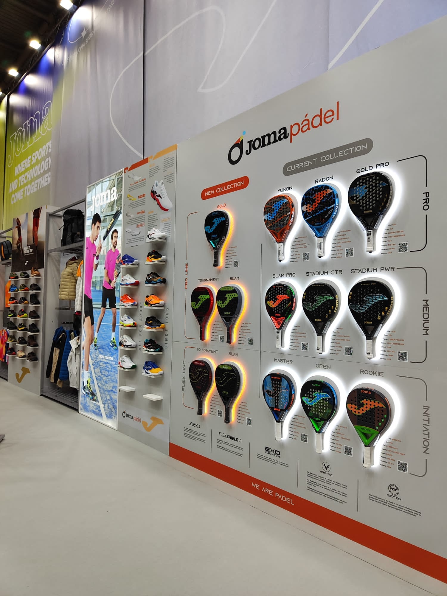 Padel rackets on display at the Joma stand at ISPO Munich 2022.