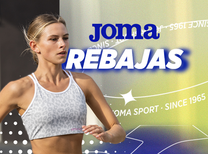 Chica vestida con ropa de running y anuncio de rebajas de enero 2023 de Joma.