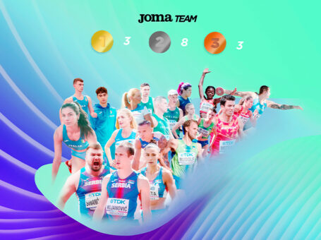 Atletas patrocinados por Joma con el medallero conseguido en el Europeo de Atletismo Indoor 2023.