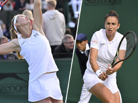 Sara Sorribes y Marie Bouzková jugando la semifinal en Wimbledon 2023.