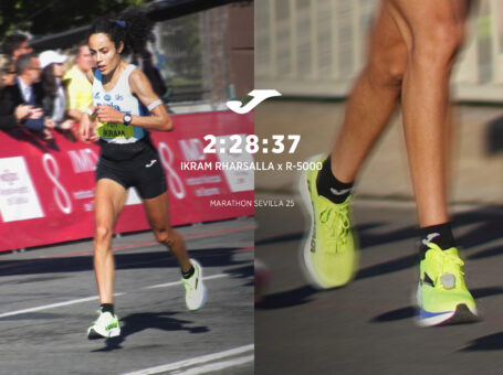 Ikram Rharsalla corriendo con las zapatillas R-5000 en la Maratón de Sevilla.