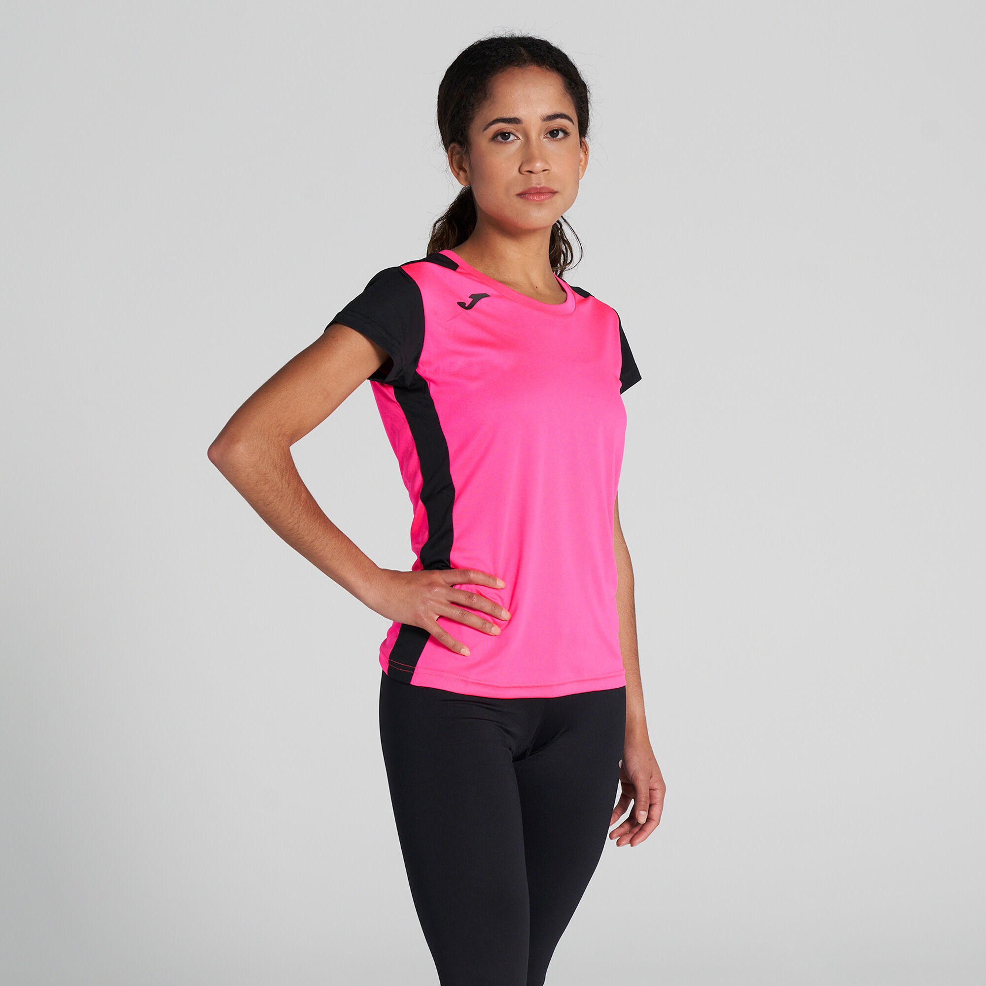 Shirt short sleeve woman Record II fluorescent pink black