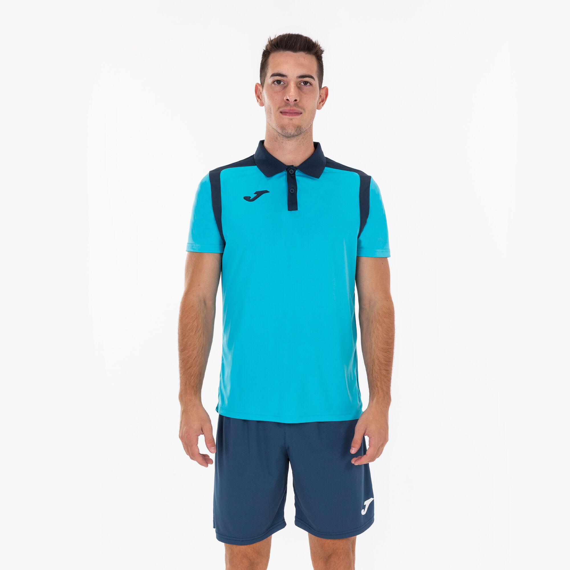 Polo manches courtes homme Championship V turquoise fluo bleu marine