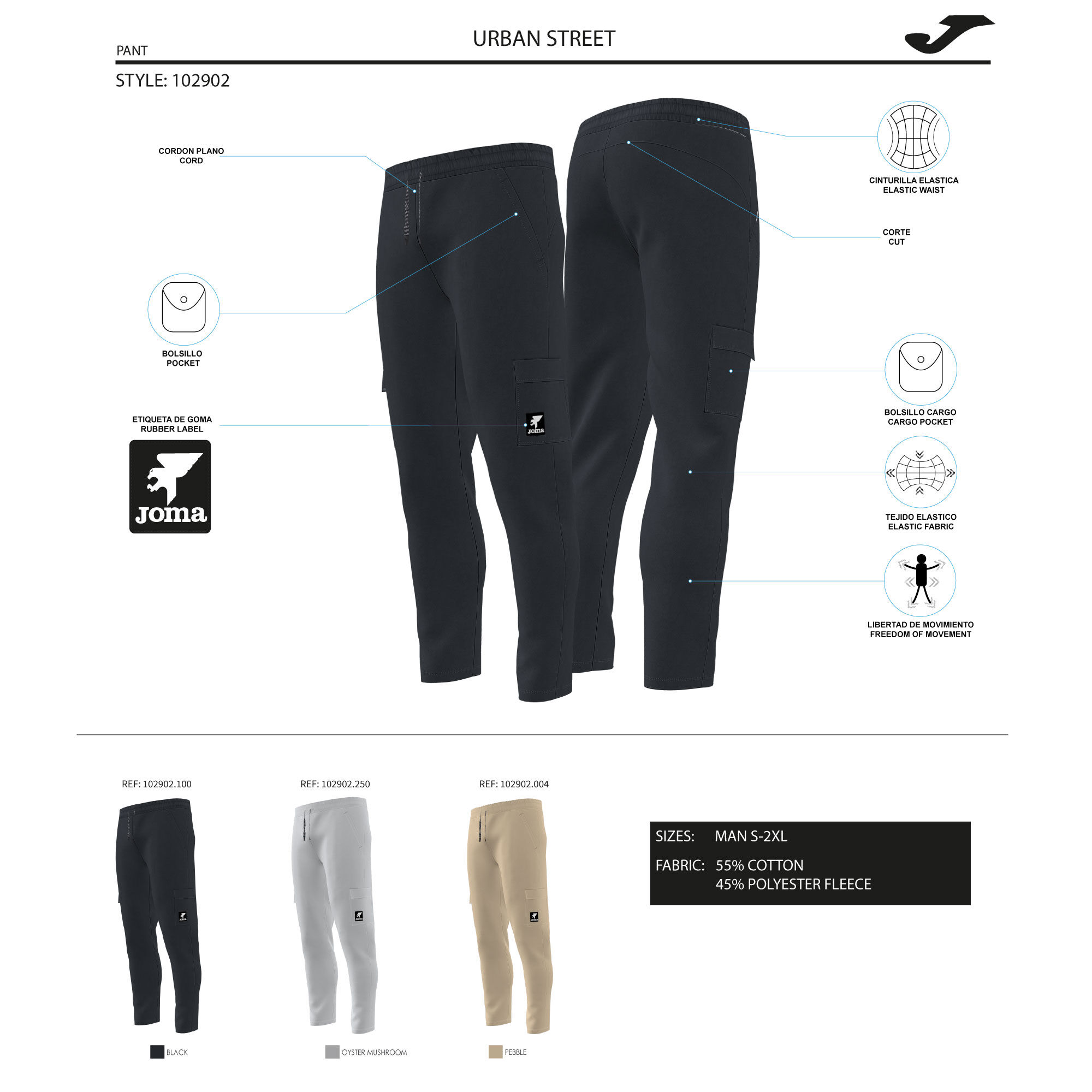➤Joma Pantalon Largo Urban Street Negro - Pantalones técnicos