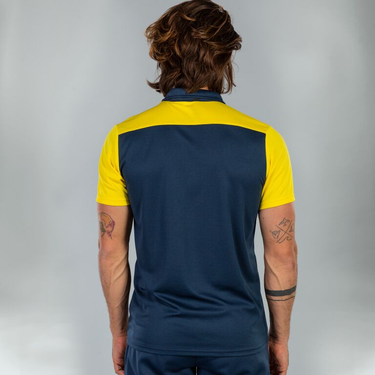 Navy blue and yellow polo shirt store