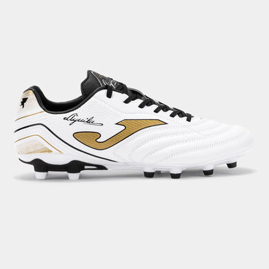 Chuteiras Aguila 25 terreno forme FG branco dourado